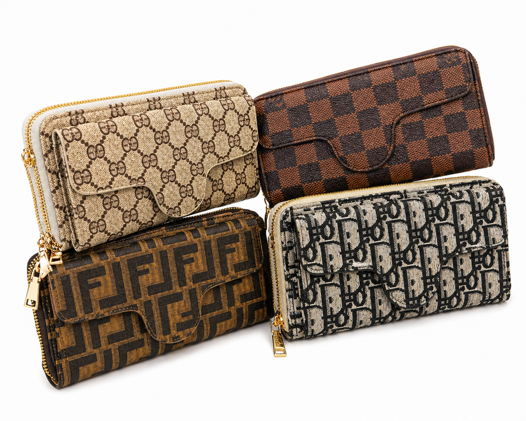 Four patterned wallets stacked on a white background