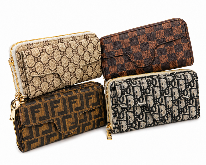 Four patterned wallets stacked on a white background