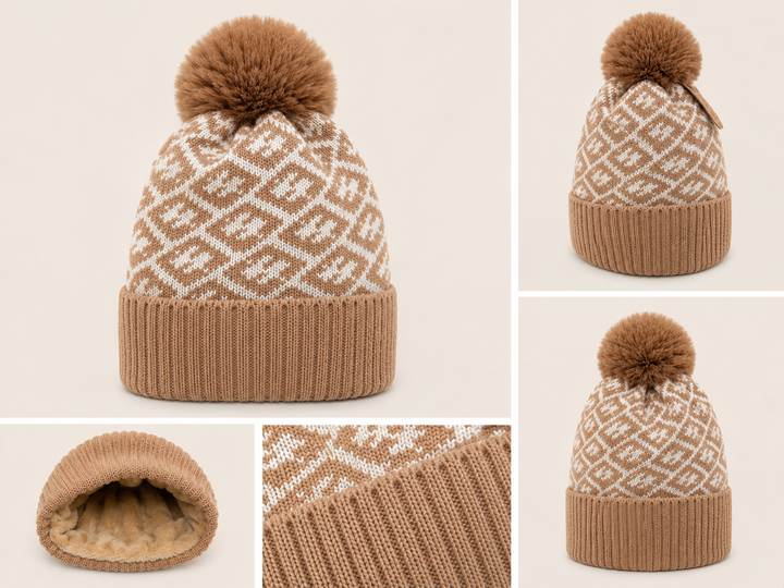Beige patterned fur lined pom pom beanie hat with soft knitted design