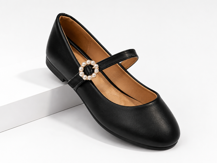 Black Mary Jane flat shoes with round toe and pearl-effect buckle strap