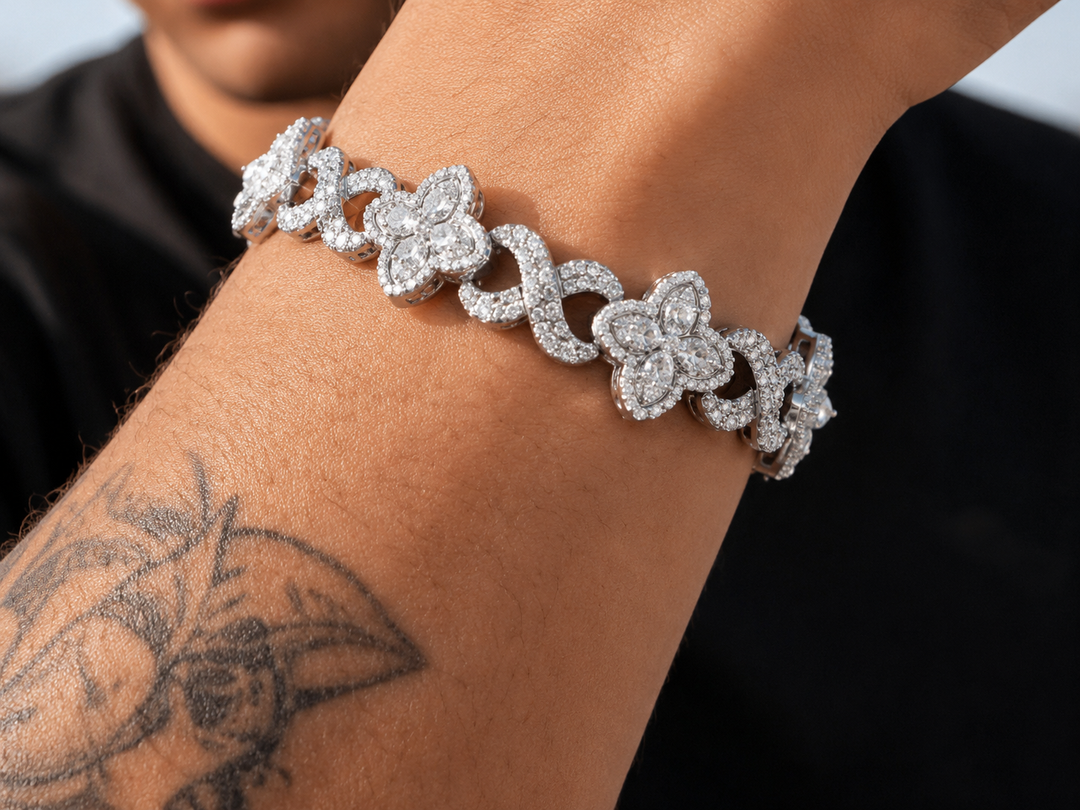 Silver crystal flower link bracelet featuring sparkling floral details 