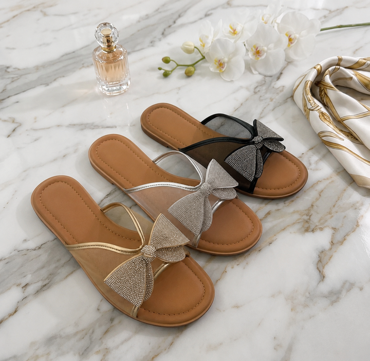 Black Mesh Bow Flat Sandals with Rhinestone Detail