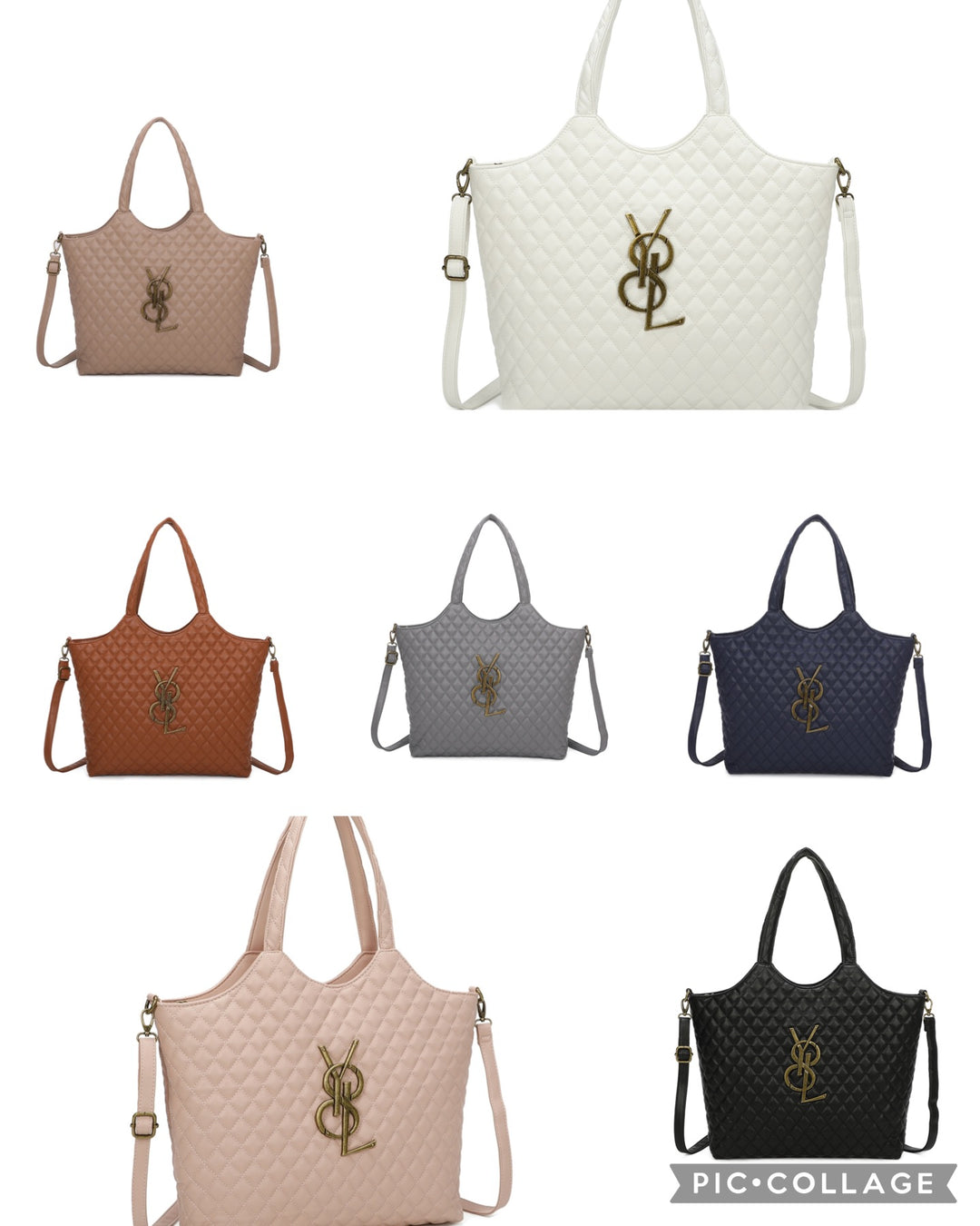 A collage of quilted gold detailed shopping bags in various colours including beige, white, tan, grey, navy, pink and black