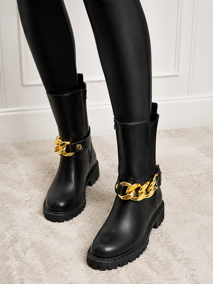Black Chunky Ankle Boots with Gold Chain Detail