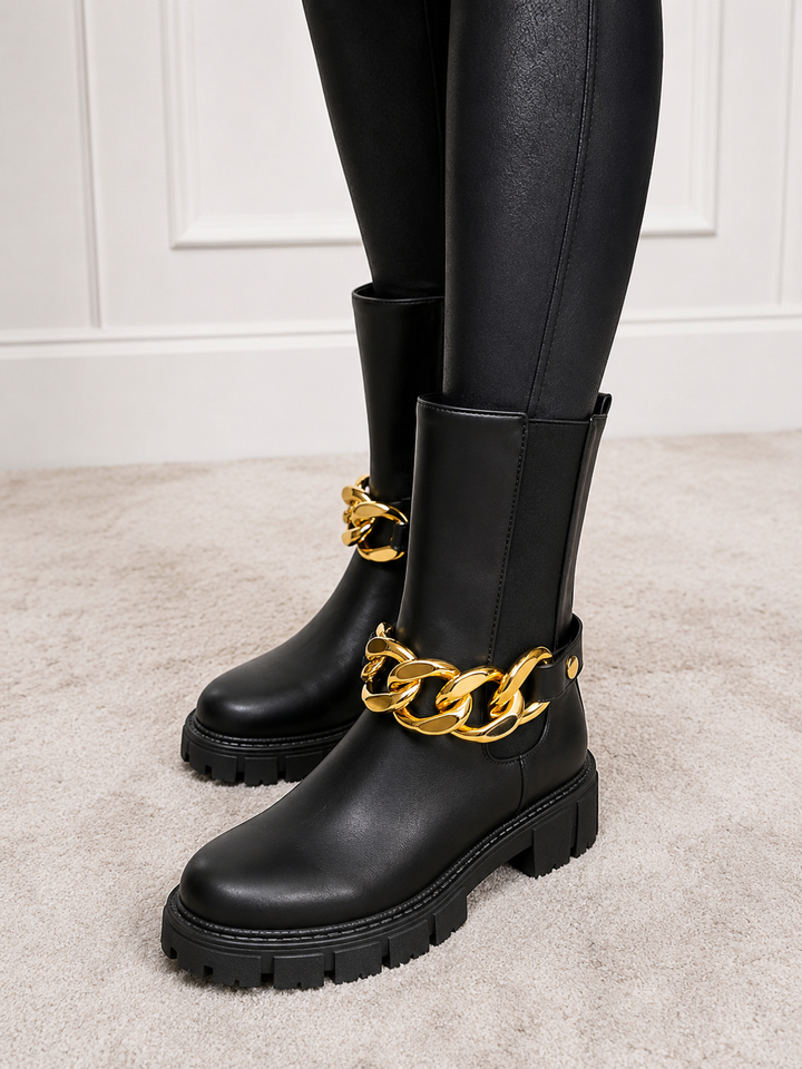 Black Chunky Ankle Boots with Gold Chain Detail
