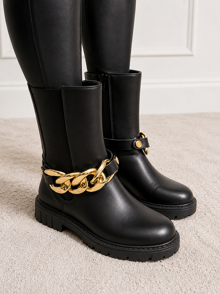 Black Chunky Ankle Boots with Gold Chain Detail