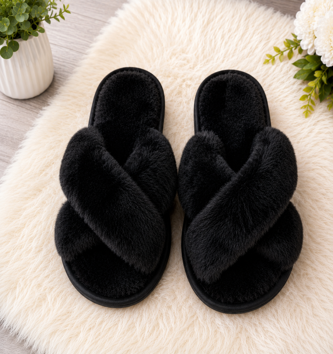 Women’s Cross Over Faux Fur Slipper Sliders | Cosy Indoor Slippers