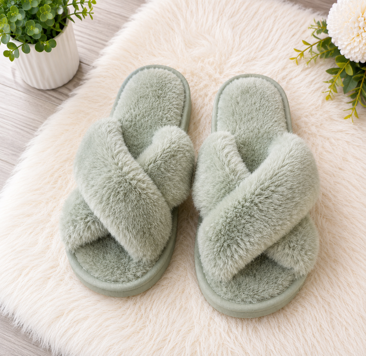 Women’s Cross Over Faux Fur Slipper Sliders | Cosy Indoor Slippers