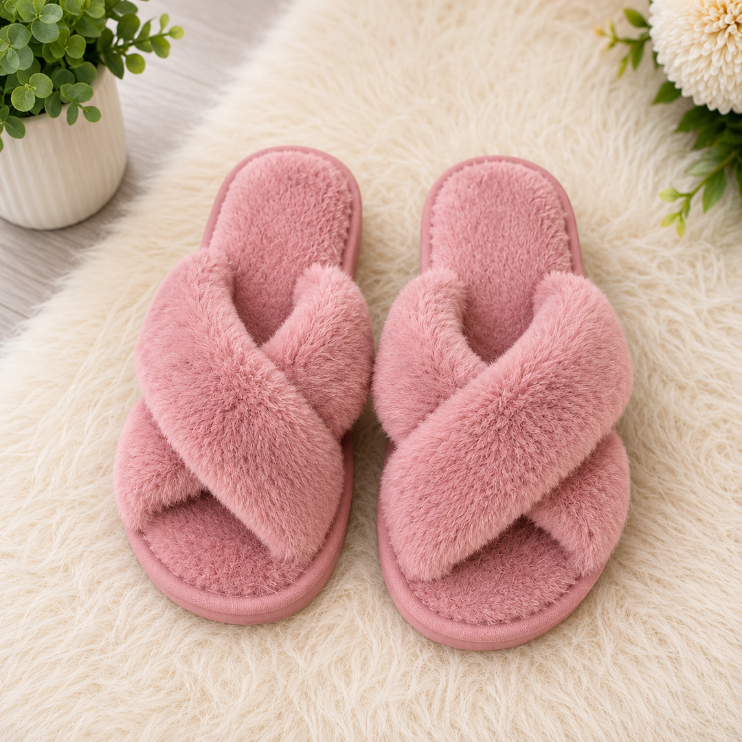 Women’s Cross Over Faux Fur Slipper Sliders | Cosy Indoor Slippers