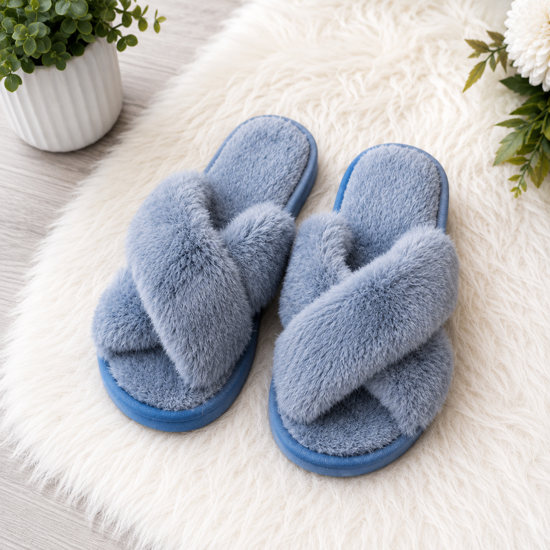Women’s Cross Over Faux Fur Slipper Sliders | Cosy Indoor Slippers