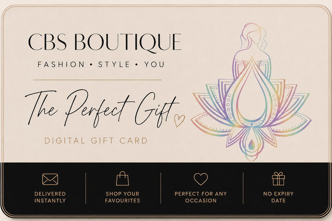 A digital gift card design for CBS Boutique, featuring a beige top section with the text &