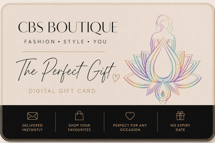 A digital gift card design for CBS Boutique, featuring a beige top section with the text &