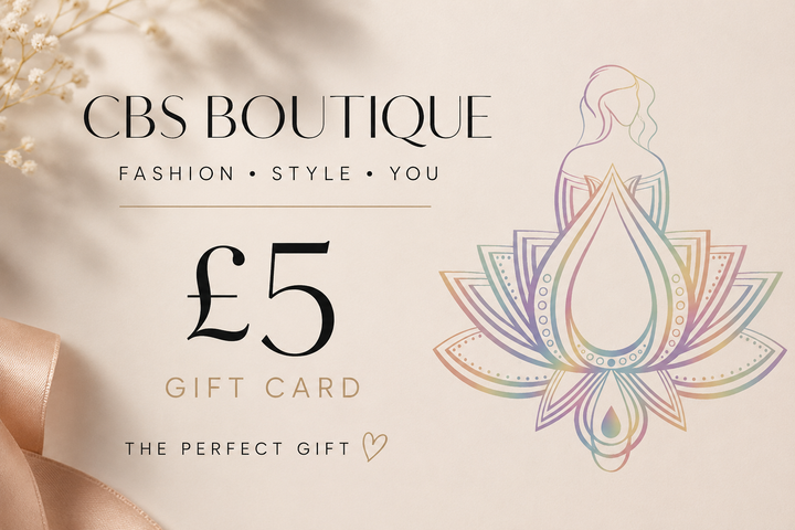 A £5 gift card from CBS Boutique, featuring elegant black typography on a warm cream background, a pastel rainbow lotus illustration, and a soft beige ribbon in the lower left corner.
