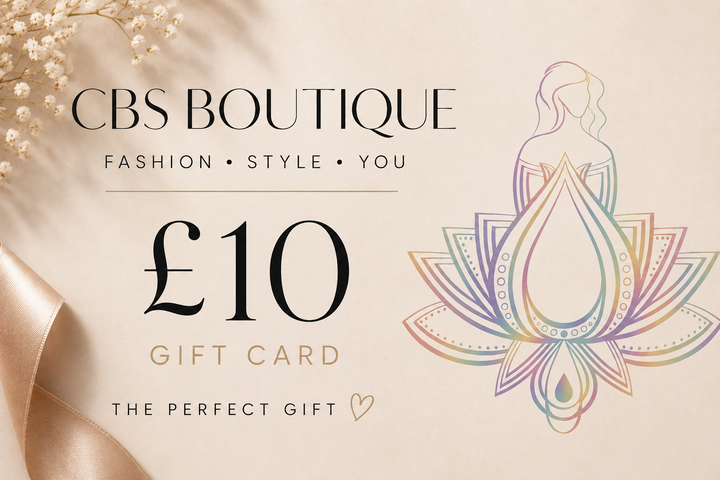 A £10 gift card from CBS Boutique, featuring elegant black typography on a warm cream background, with a pastel rainbow lotus illustration and a soft beige ribbon in the corner.