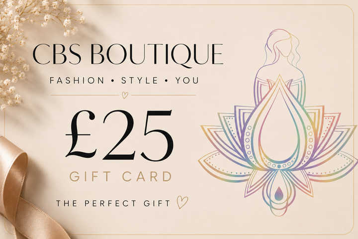 A £25 gift card from CBS Boutique, featuring elegant typography on a warm cream background with dried flowers, a gold ribbon, and a stylized lotus illustration with a woman&