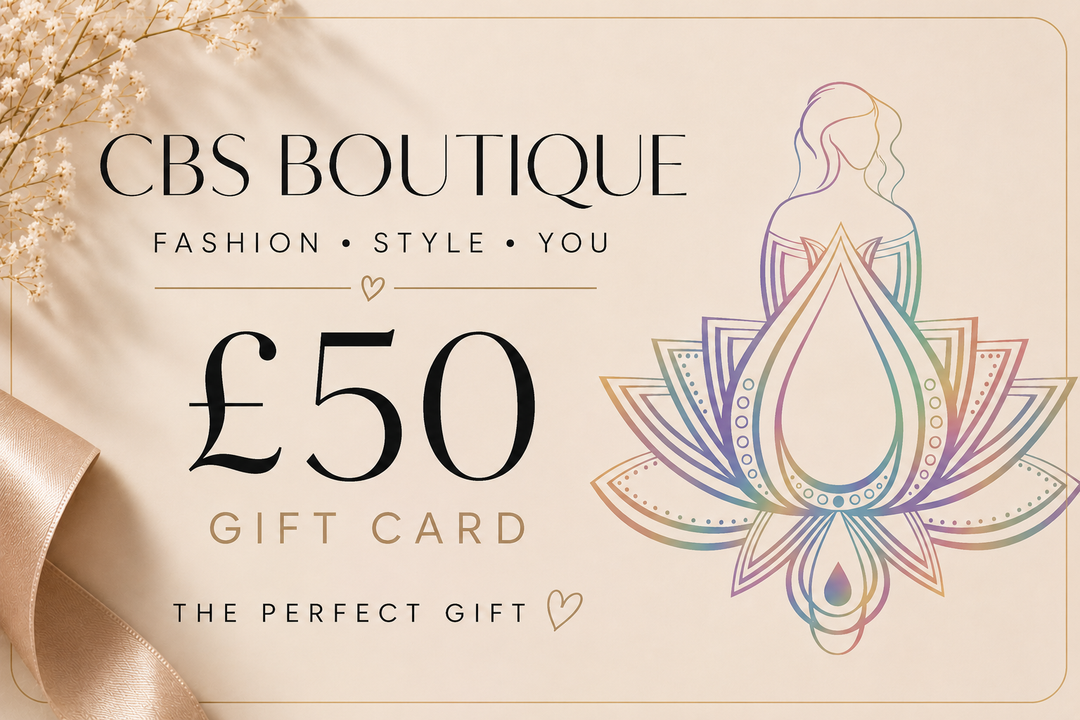 A £50 gift card from CBS Boutique, featuring elegant typography on a warm beige background with a ribbon corner and a pastel rainbow line-art illustration of a woman in a lotus flower.