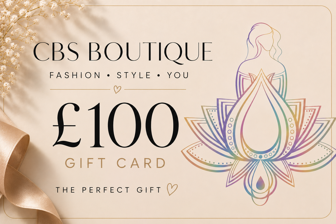 A £100 gift card from CBS Boutique, featuring elegant typography on a warm cream background with soft decorative elements including a gold ribbon, dried flowers, and a colorful line-art illustration of a seated figure in a lotus flower.