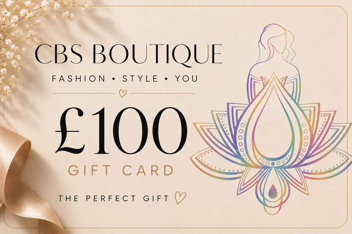 A £100 gift card from CBS Boutique, featuring elegant typography on a warm cream background with soft decorative elements including a gold ribbon, dried flowers, and a colorful line-art illustration of a seated figure in a lotus flower.