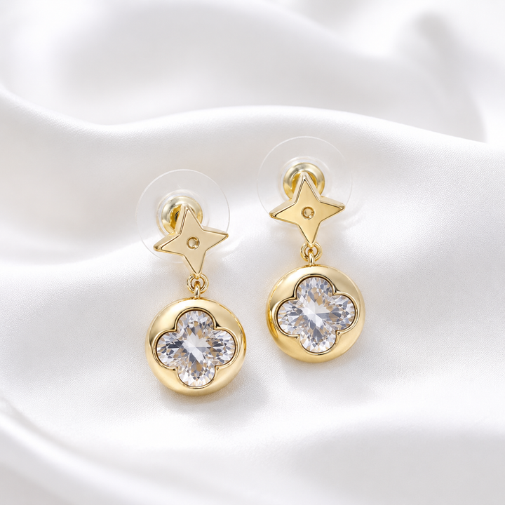 Clover Crystal Drop Earrings – Gold Tone Floral Stud Earrings (Multiple Colours)