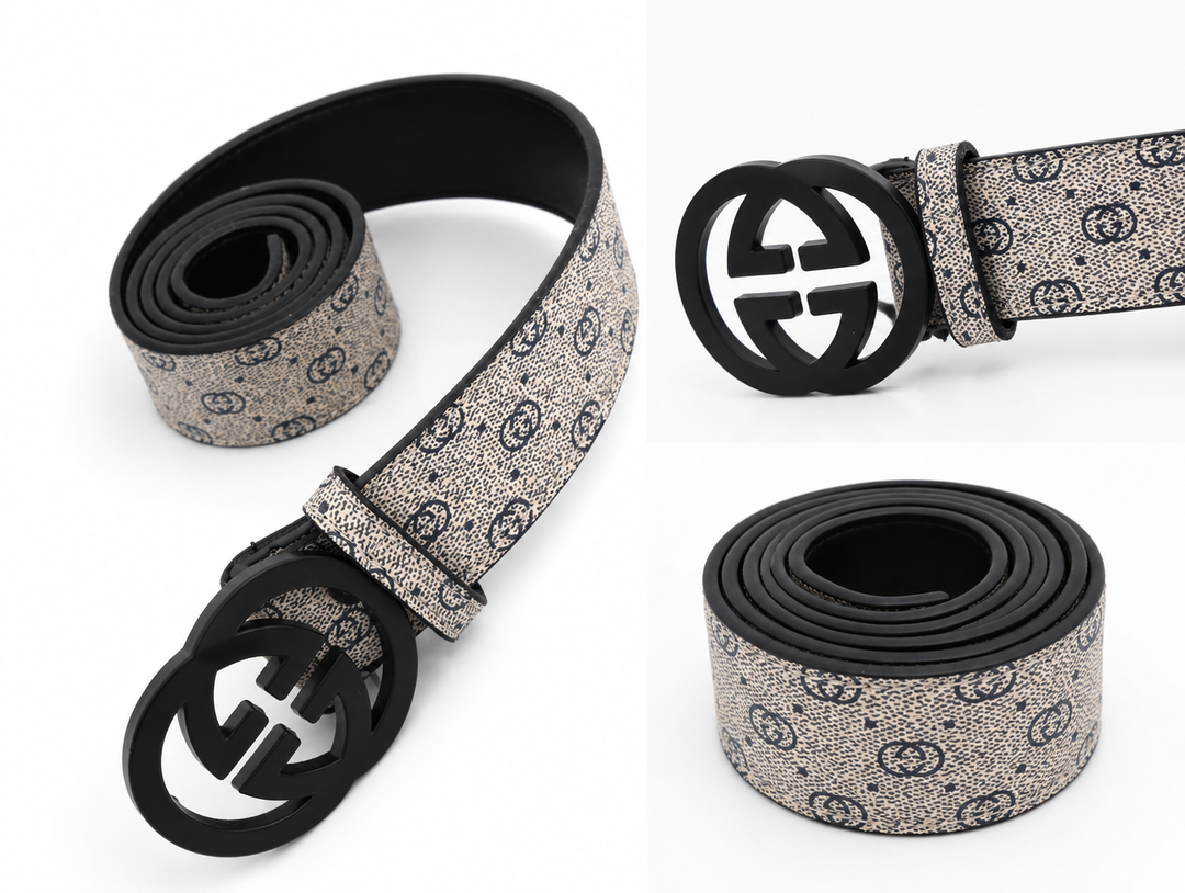A coiled grey and black belt with a patterned buckle
