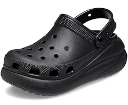 Black clog like shoe, similar to a croc with a wedge heel 