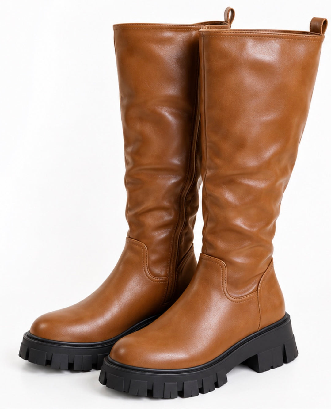 Cognac Knee High Chunky Sole Boots