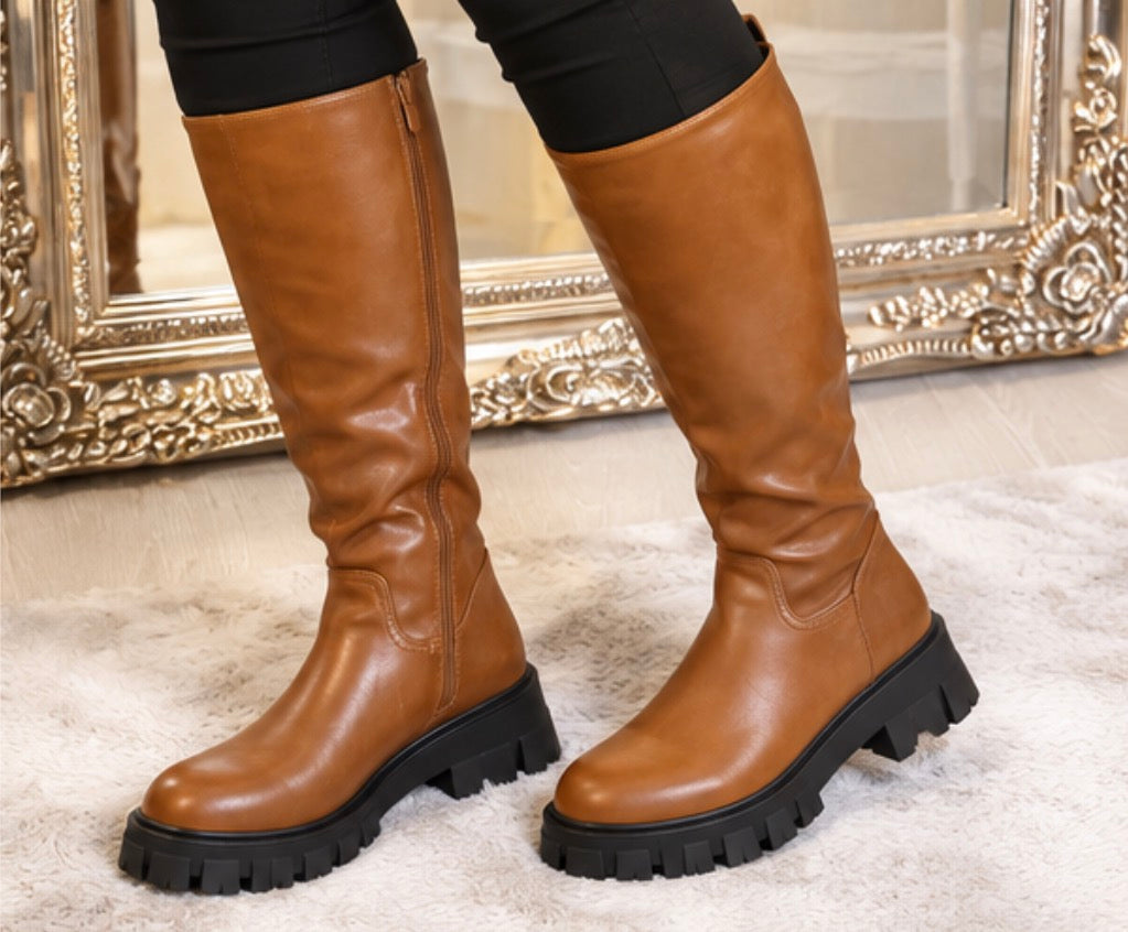 Cognac Knee High Chunky Sole Boots