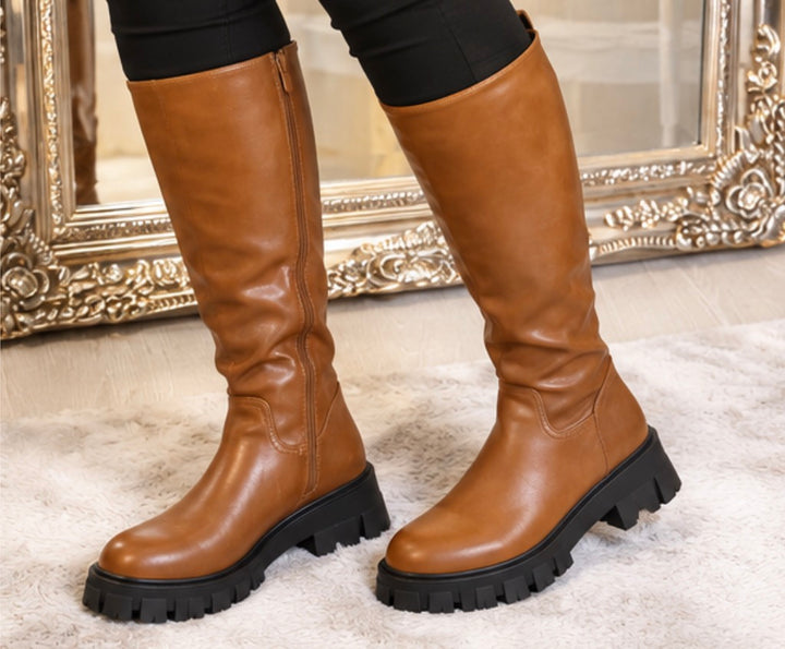 Cognac Knee High Chunky Sole Boots