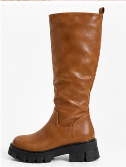 Cognac Knee High Chunky Sole Boots