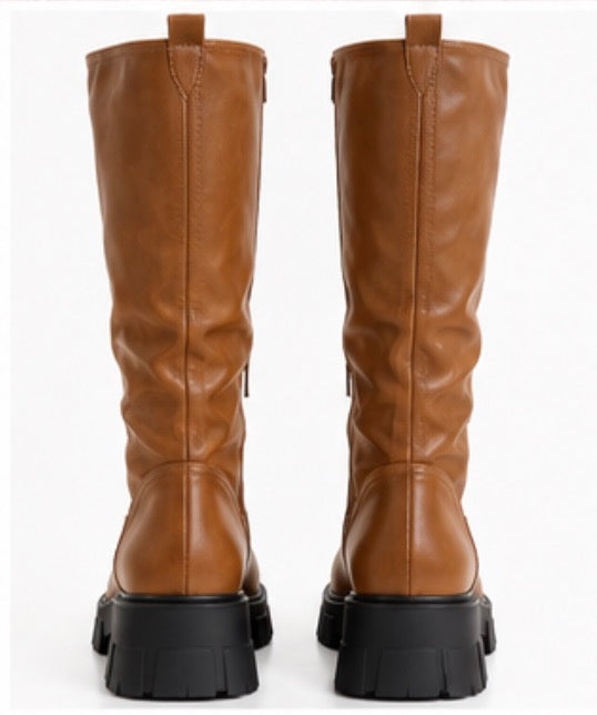 Cognac Knee High Chunky Sole Boots