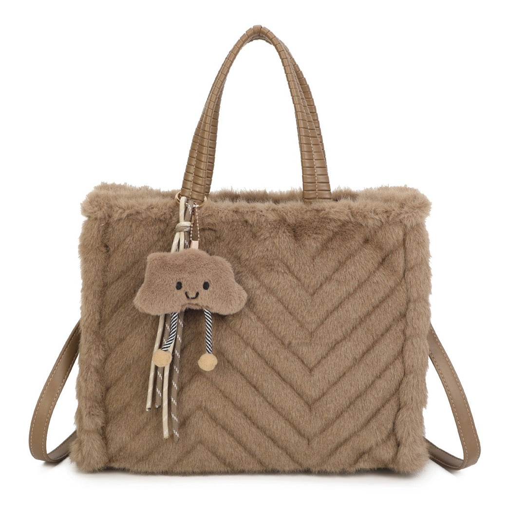 Faux Fur Chevron Tote Handbag with Shoulder Strap &amp; Bag Charm