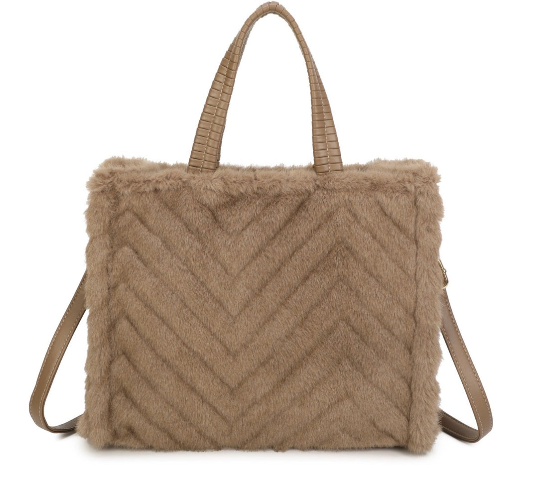 Faux Fur Chevron Tote Handbag with Shoulder Strap &amp; Bag Charm