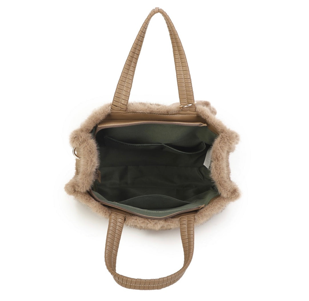 Faux Fur Chevron Tote Handbag with Shoulder Strap &amp; Bag Charm