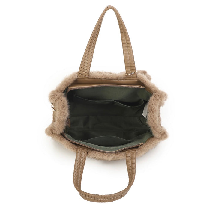 Faux Fur Chevron Tote Handbag with Shoulder Strap &amp; Bag Charm