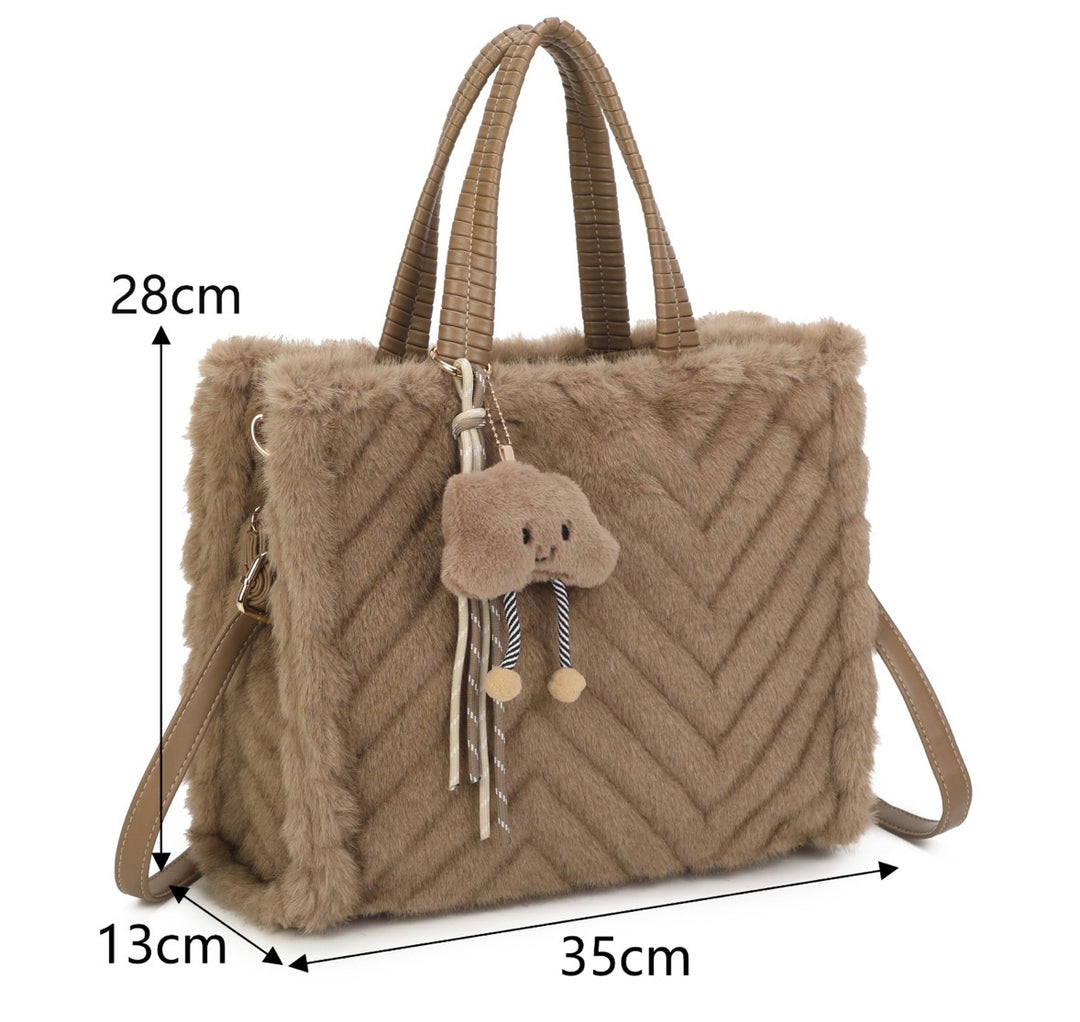 Faux Fur Chevron Tote Handbag with Shoulder Strap &amp; Bag Charm