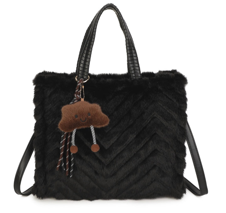Faux Fur Chevron Tote Handbag with Shoulder Strap &amp; Bag Charm