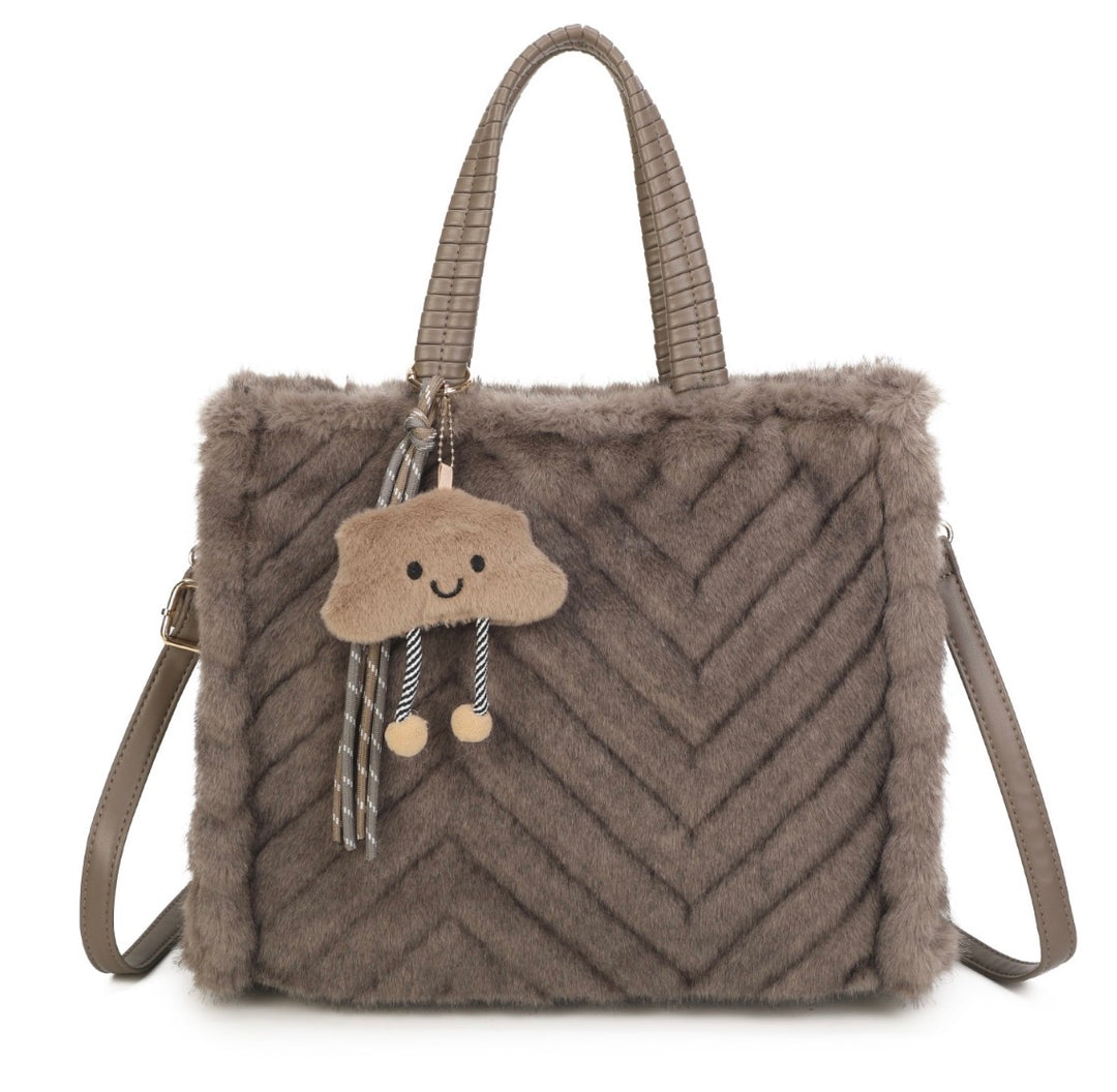 Faux Fur Chevron Tote Handbag with Shoulder Strap &amp; Bag Charm
