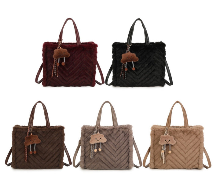 Faux Fur Chevron Tote Handbag with Shoulder Strap &amp; Bag Charm