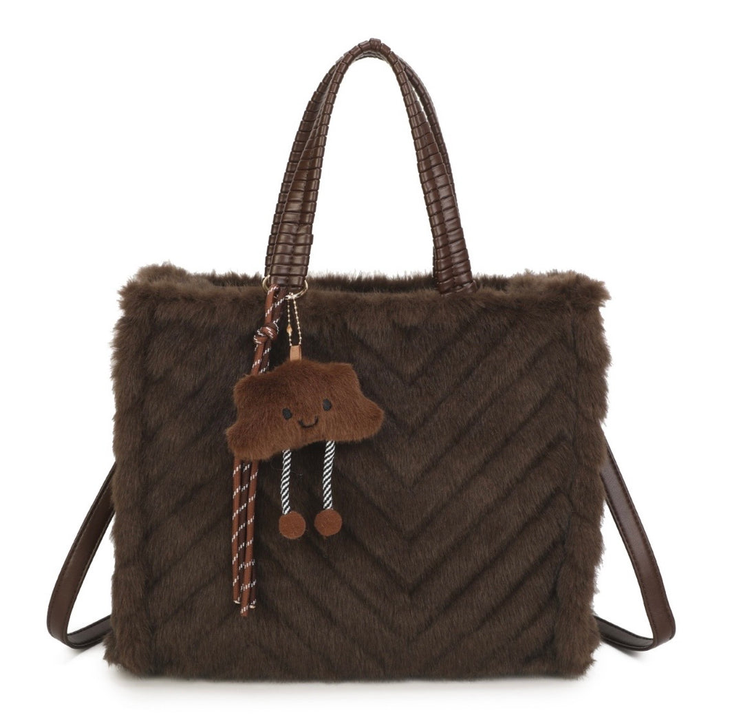 Faux Fur Chevron Tote Handbag with Shoulder Strap &amp; Bag Charm
