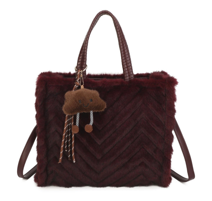 Faux Fur Chevron Tote Handbag with Shoulder Strap &amp; Bag Charm