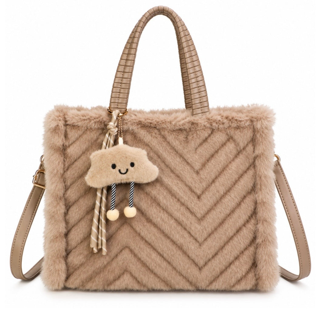 Faux Fur Chevron Tote Handbag with Shoulder Strap &amp; Bag Charm
