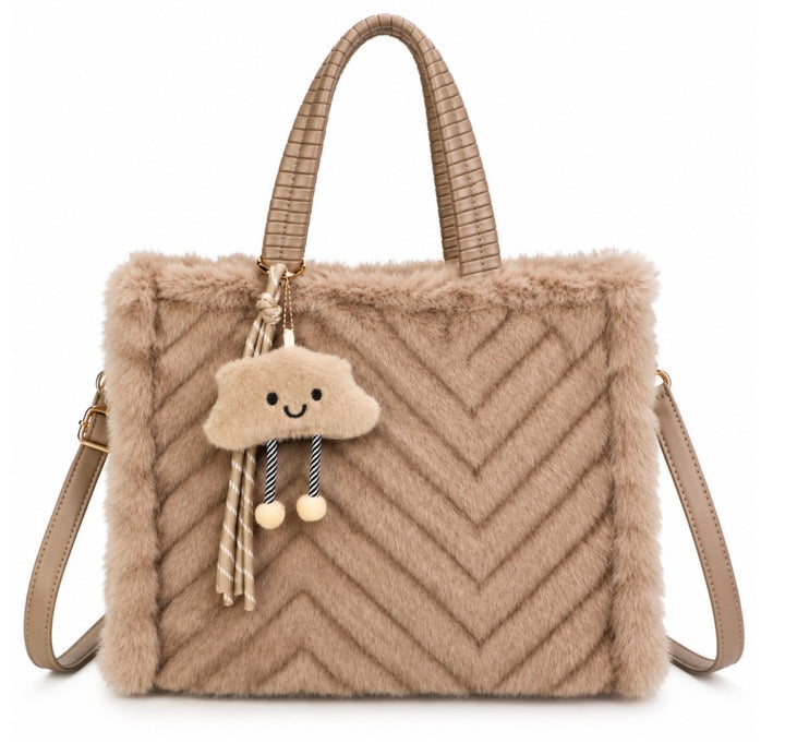 Faux Fur Chevron Tote Handbag with Shoulder Strap &amp; Bag Charm