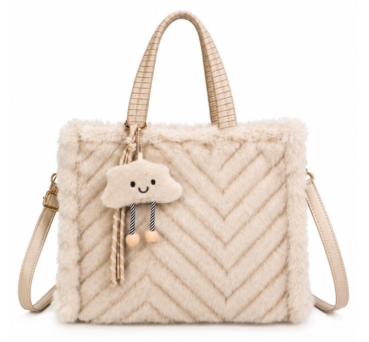 Faux Fur Chevron Tote Handbag with Shoulder Strap &amp; Bag Charm