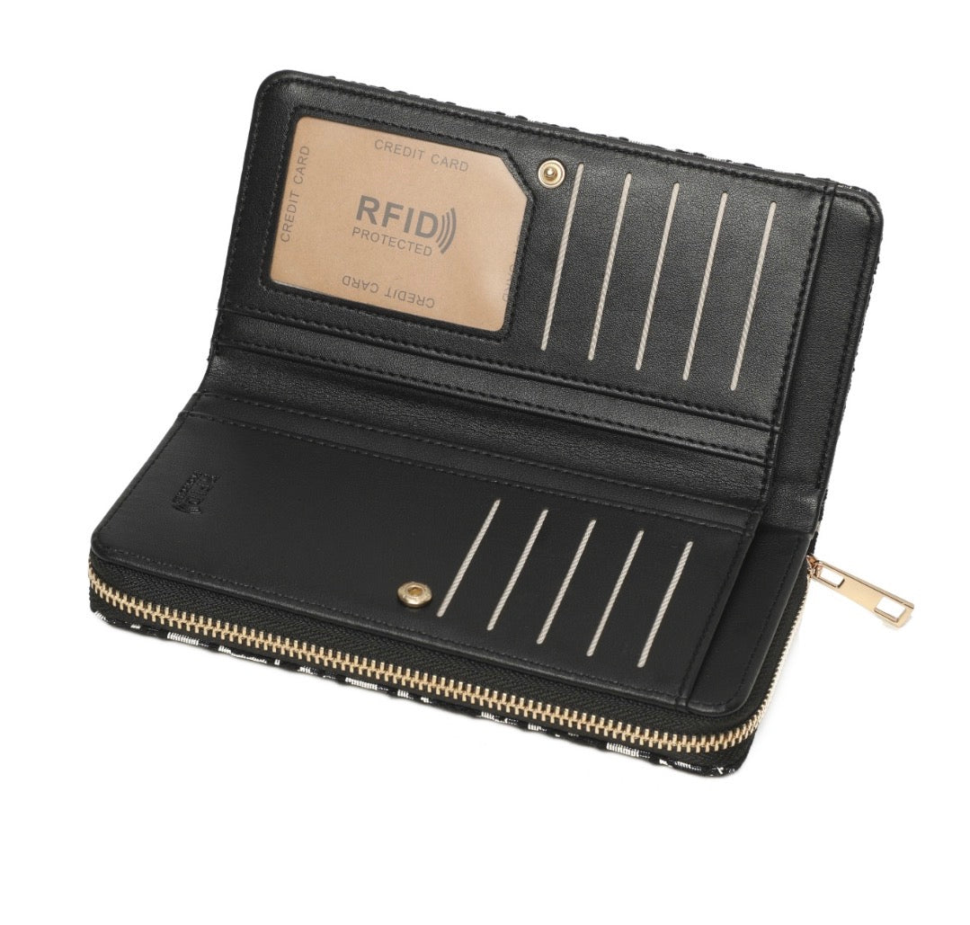 Black &amp; Cream Monogram Print RFID Zip Around Purse – Large Ladies Wallet