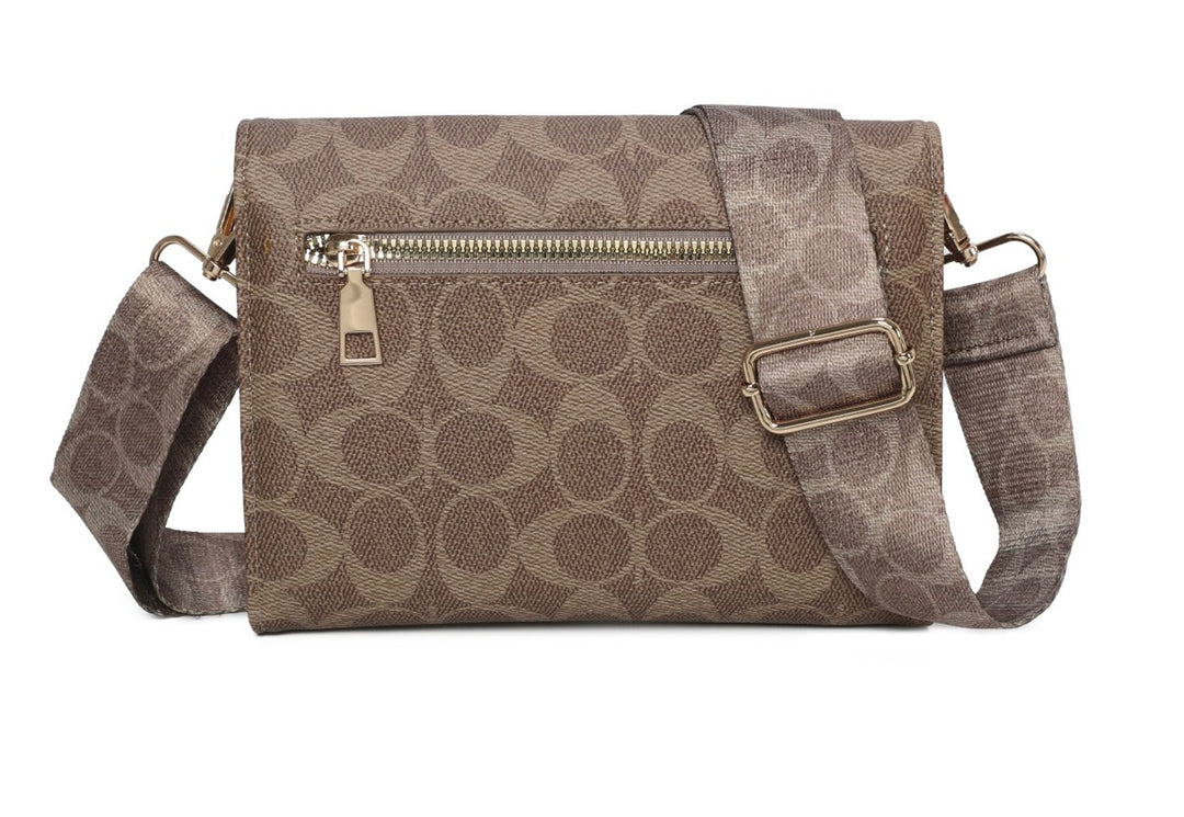 3 Piece Monogram Print Crossbody Bag, Purse &amp; Wristlet Set