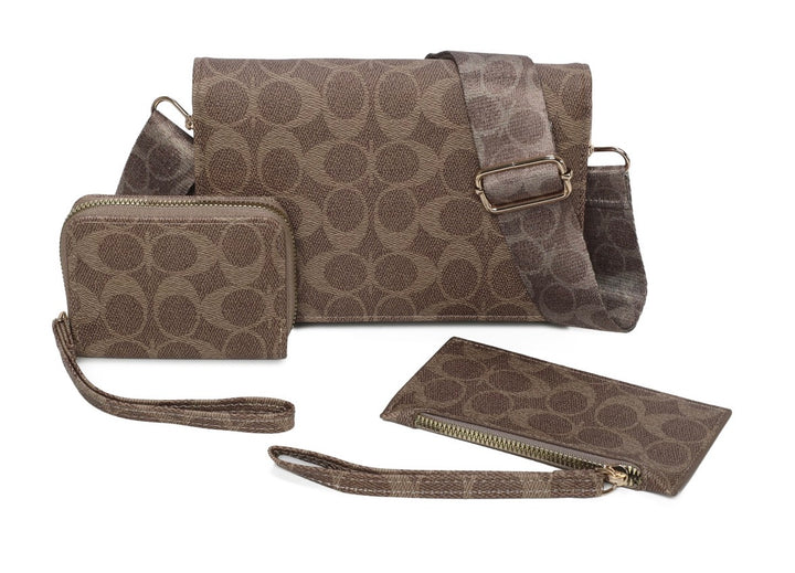 3 Piece Monogram Print Crossbody Bag, Purse &amp; Wristlet Set