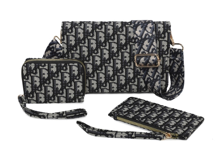 3 Piece Monogram Print Crossbody Bag, Purse &amp; Wristlet Set