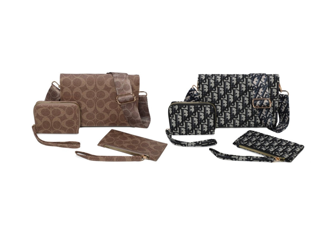 3 Piece Monogram Print Crossbody Bag, Purse &amp; Wristlet Set