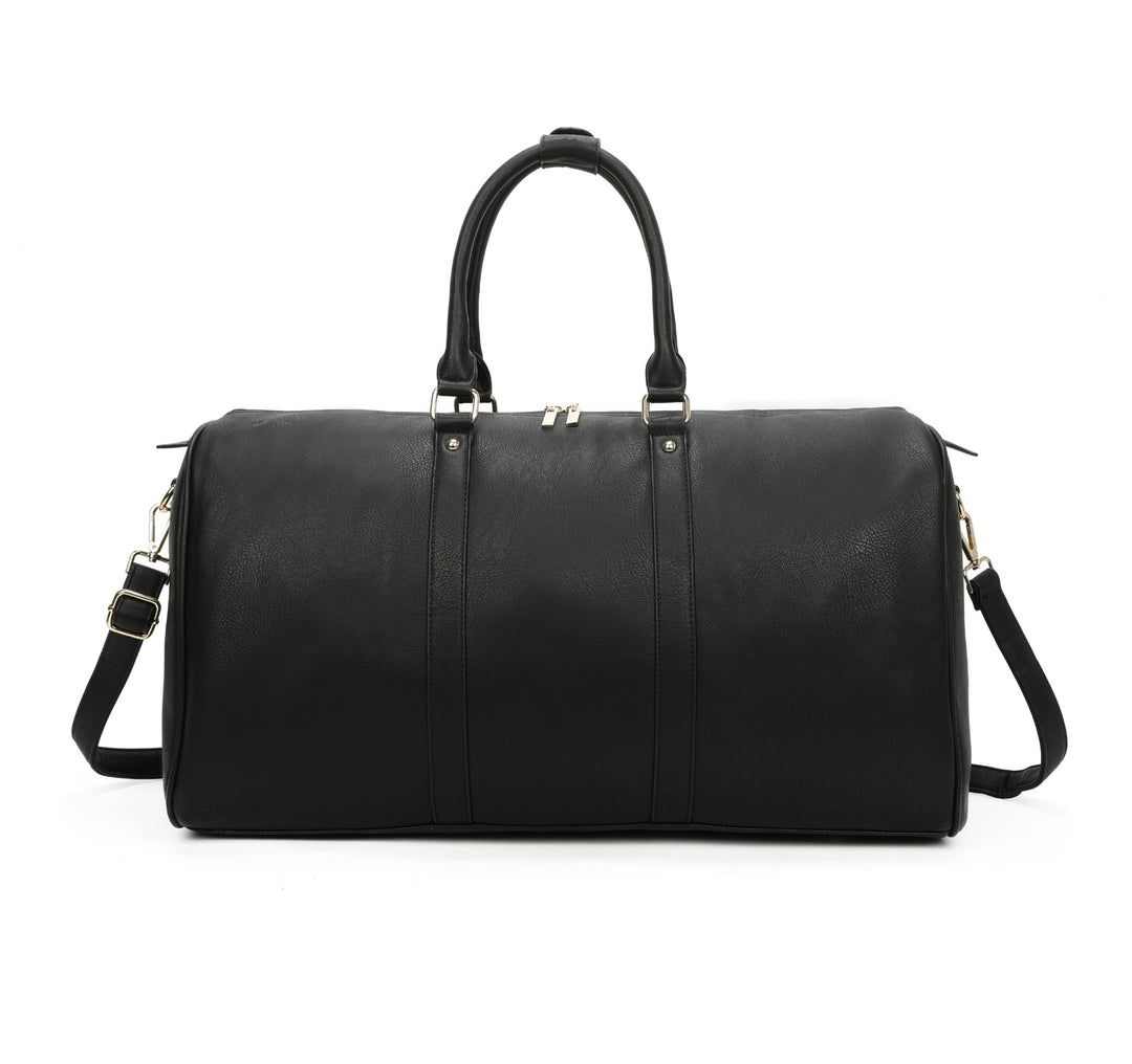 A black luggage holdall with gold detail, featuring a barrel shape, twin grab handles, and a detachable shoulder strap.