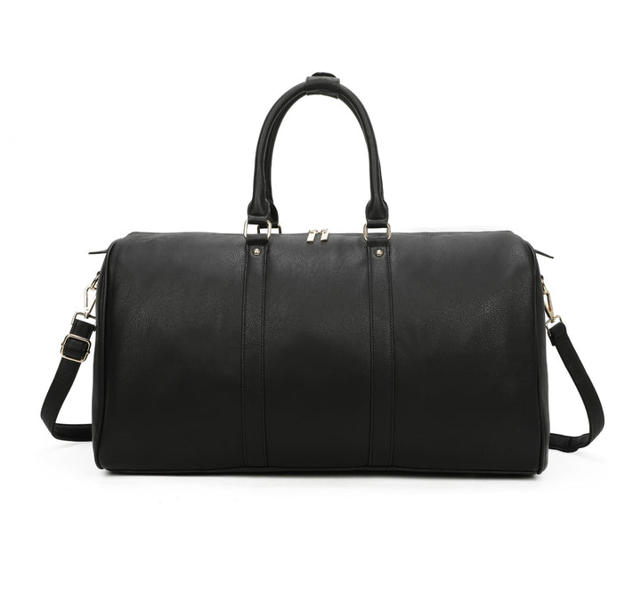 A black luggage holdall with gold detail, featuring a barrel shape, twin grab handles, and a detachable shoulder strap.